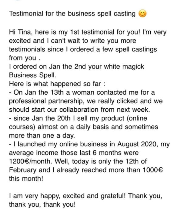 business spell casting testimonial february 2021 magickal spot tina caro