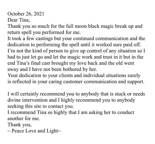 custom black magick break up spell casting testimonial by tina caro magickal spot november 1st 2021