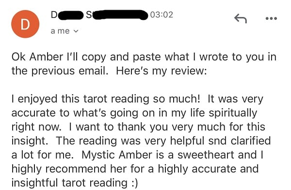 February 2021 Tarot Reading Testimonial by Mystic Amber Magickal Spot