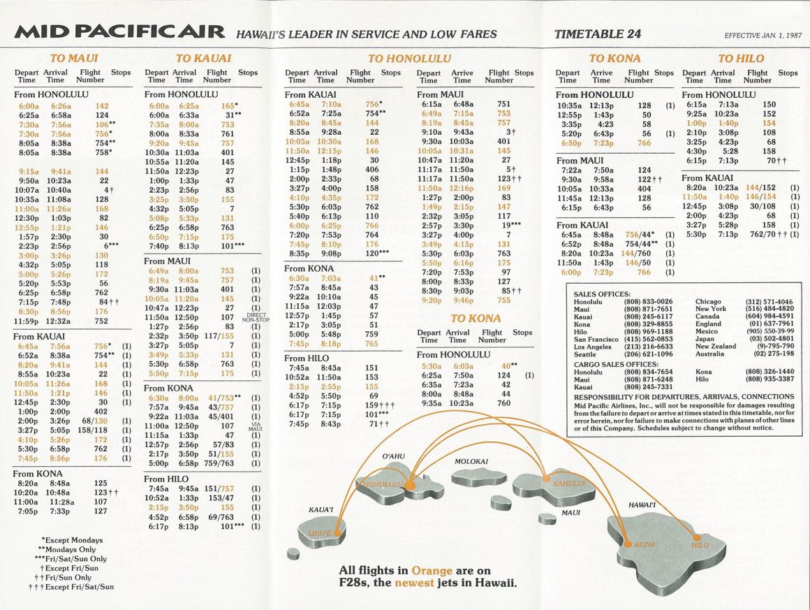 Mid Pacific Air timetable - January 1987