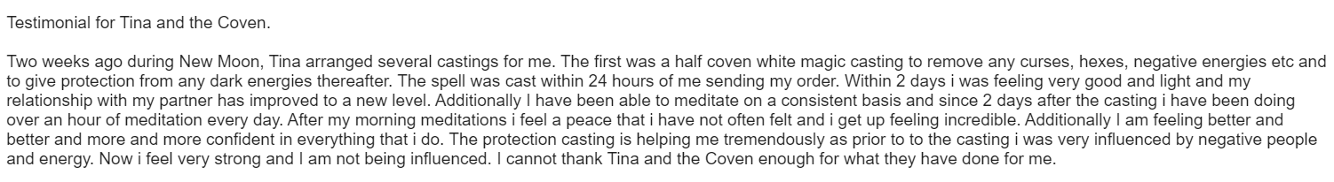 tina and coven testimonial